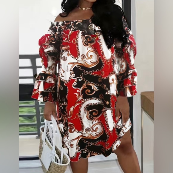 Plus Size Baroque Print Off Shoulder Layered Sleeve Dress - Picture 1 of 6